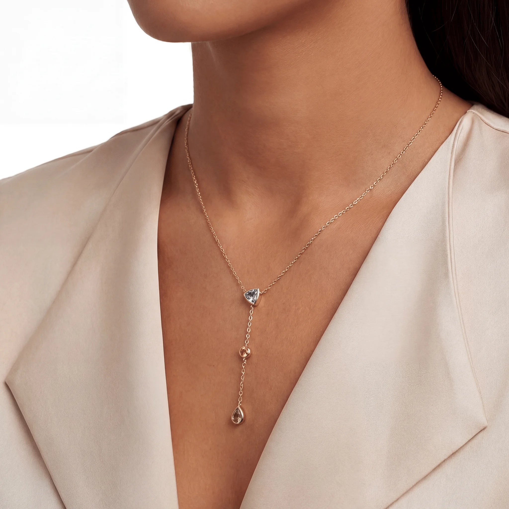The Tri-Mineral Sequence, necklace worn on neck, lifestyle model photo BE.