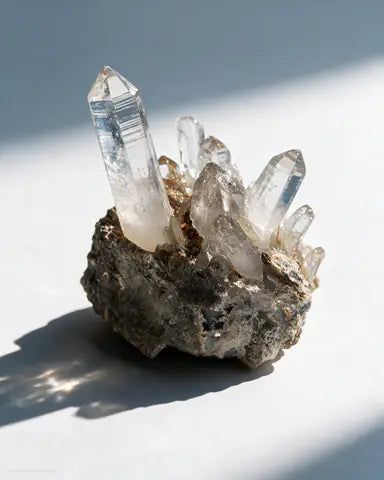 Clear quartz crystal cluster on its natural matrix.